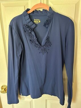 Lilly Pulitzer Navy Ruffled V-Neck Blouse with Floral Trim